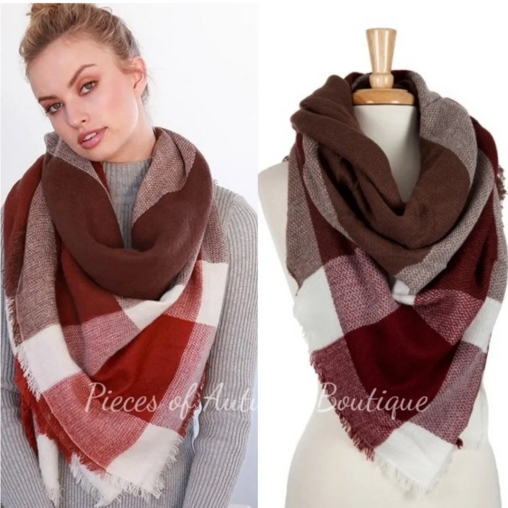 New Fall Winter Burgundy And Brown Plaid Blanket Scarf